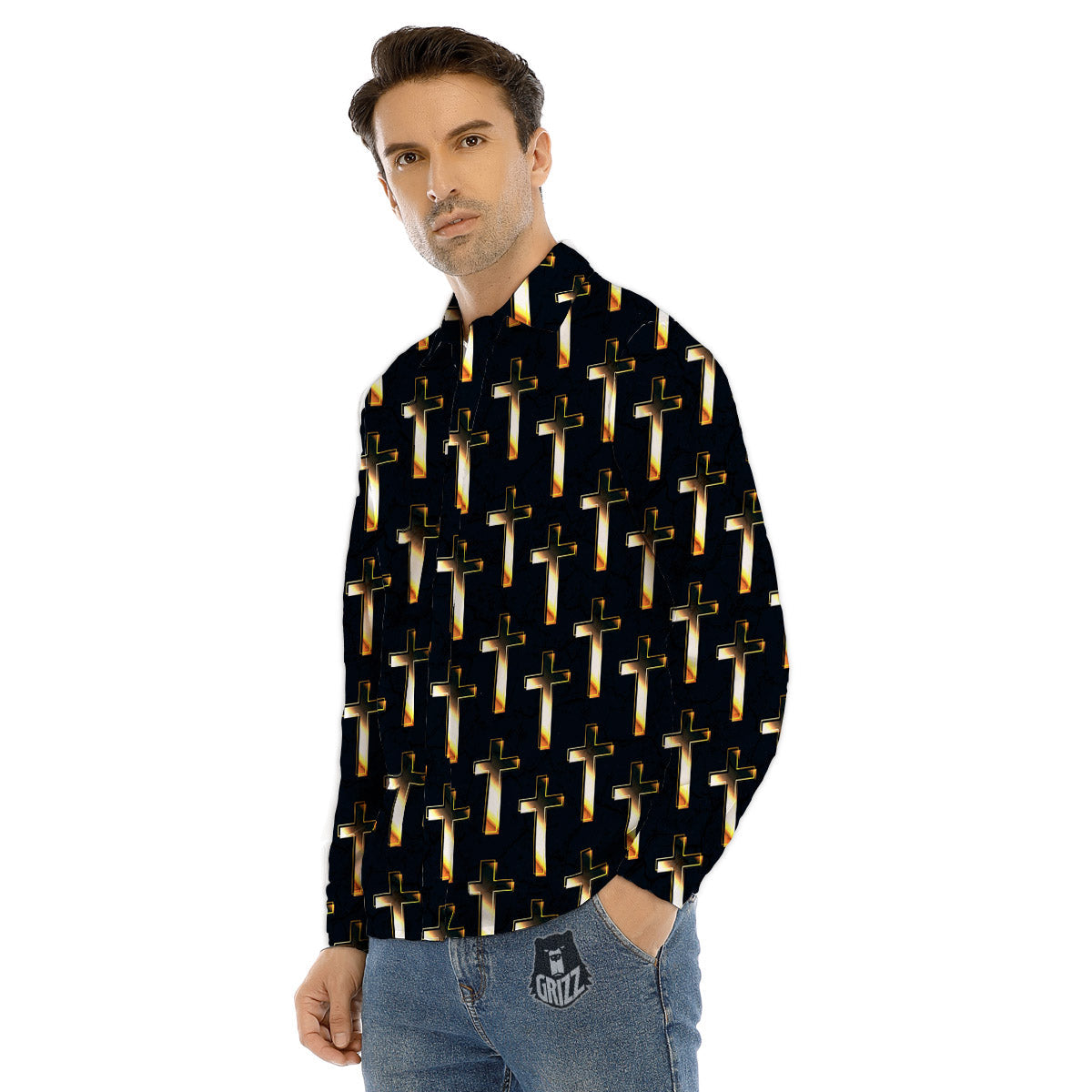 Christian Cross Print Pattern Men's Dress Shirts-grizzshop