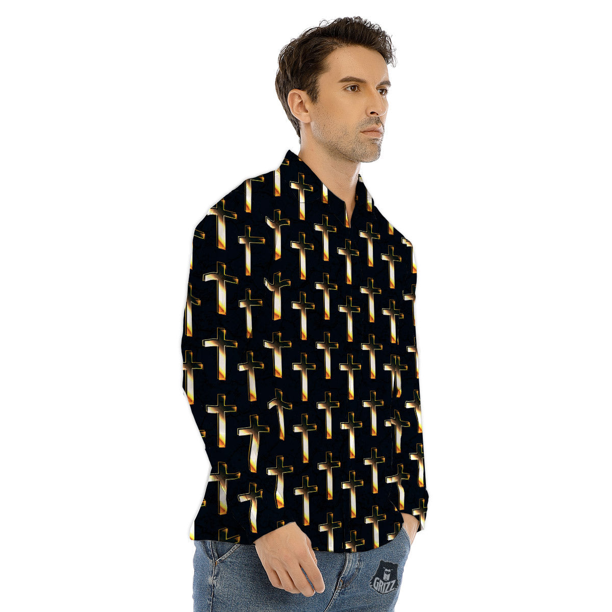 Christian Cross Print Pattern Men's Dress Shirts-grizzshop