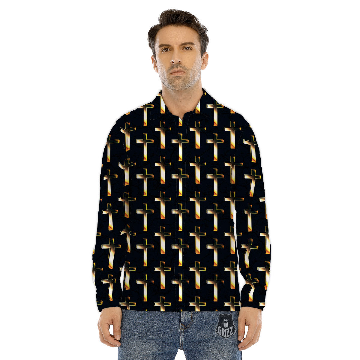 Christian Cross Print Pattern Men's Dress Shirts-grizzshop
