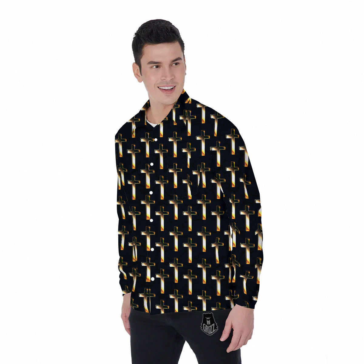 Christian Cross Print Pattern Men's Long Sleeve Shirts-grizzshop