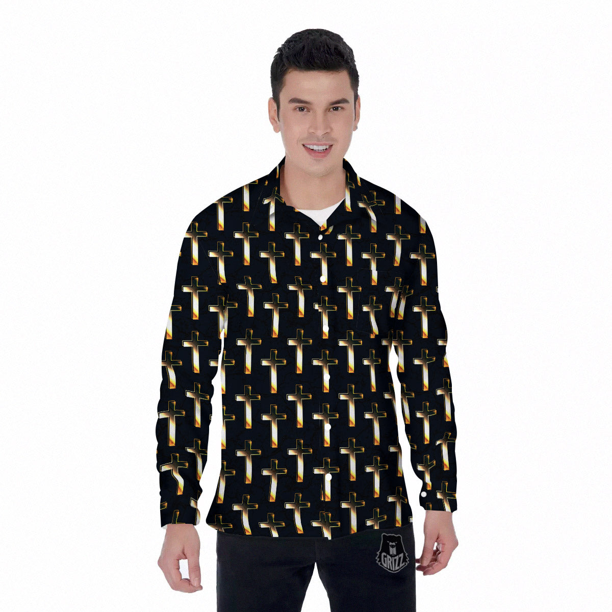 Christian Cross Print Pattern Men's Long Sleeve Shirts-grizzshop