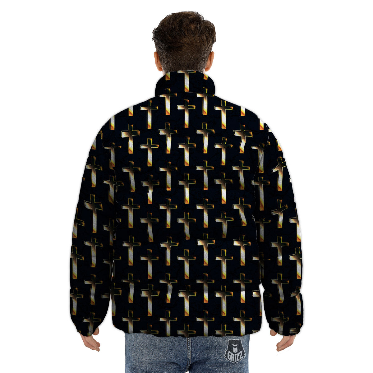 Christian Cross Print Pattern Puffer Jacket-grizzshop
