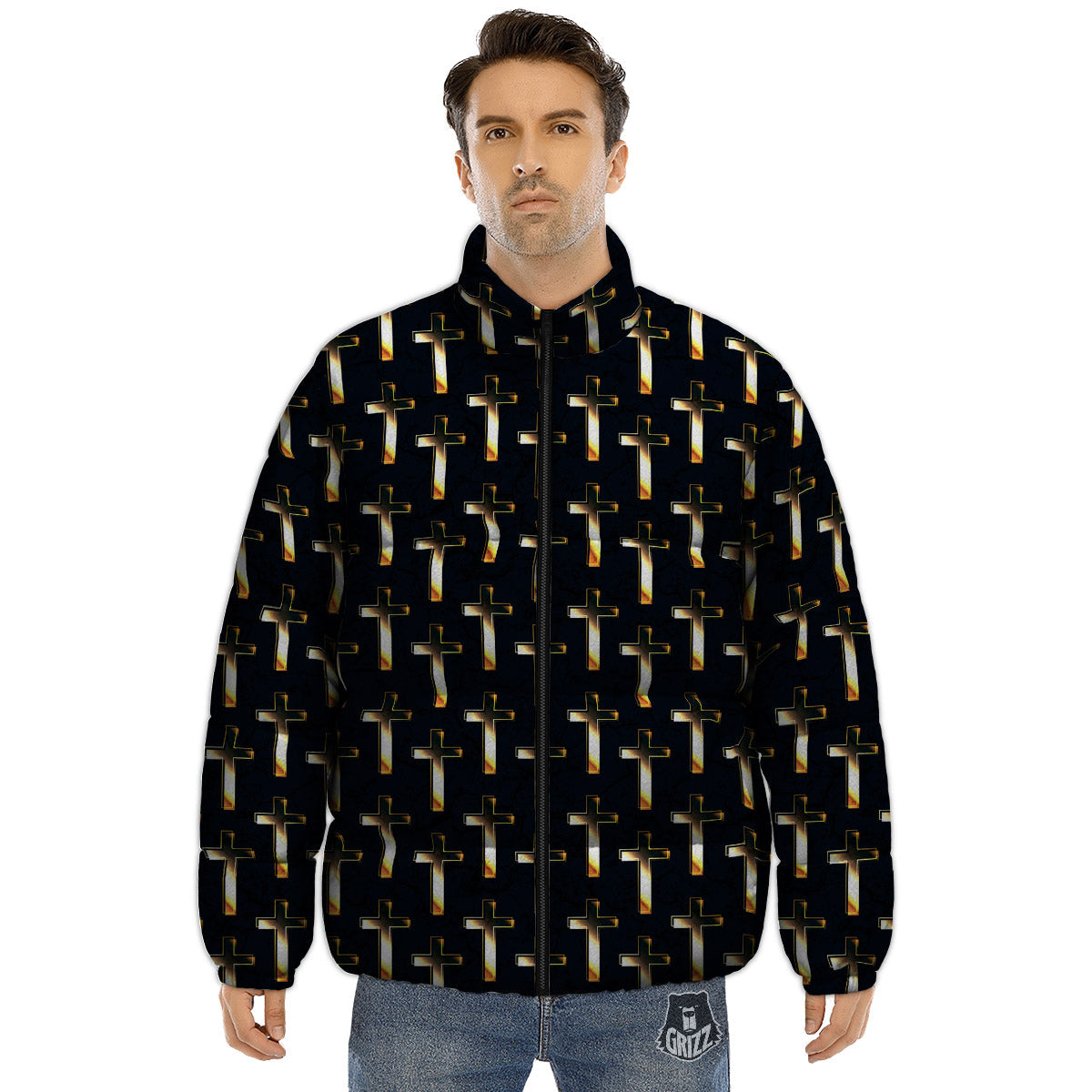 Christian Cross Print Pattern Puffer Jacket-grizzshop