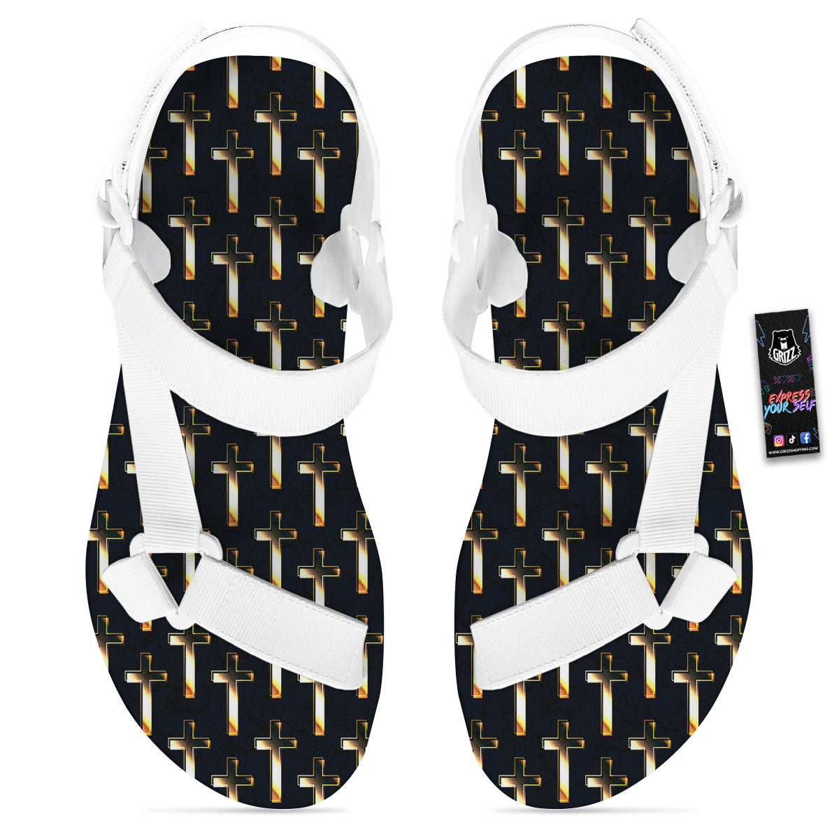 Christian Cross Print Pattern White Open Toe Sandals-grizzshop