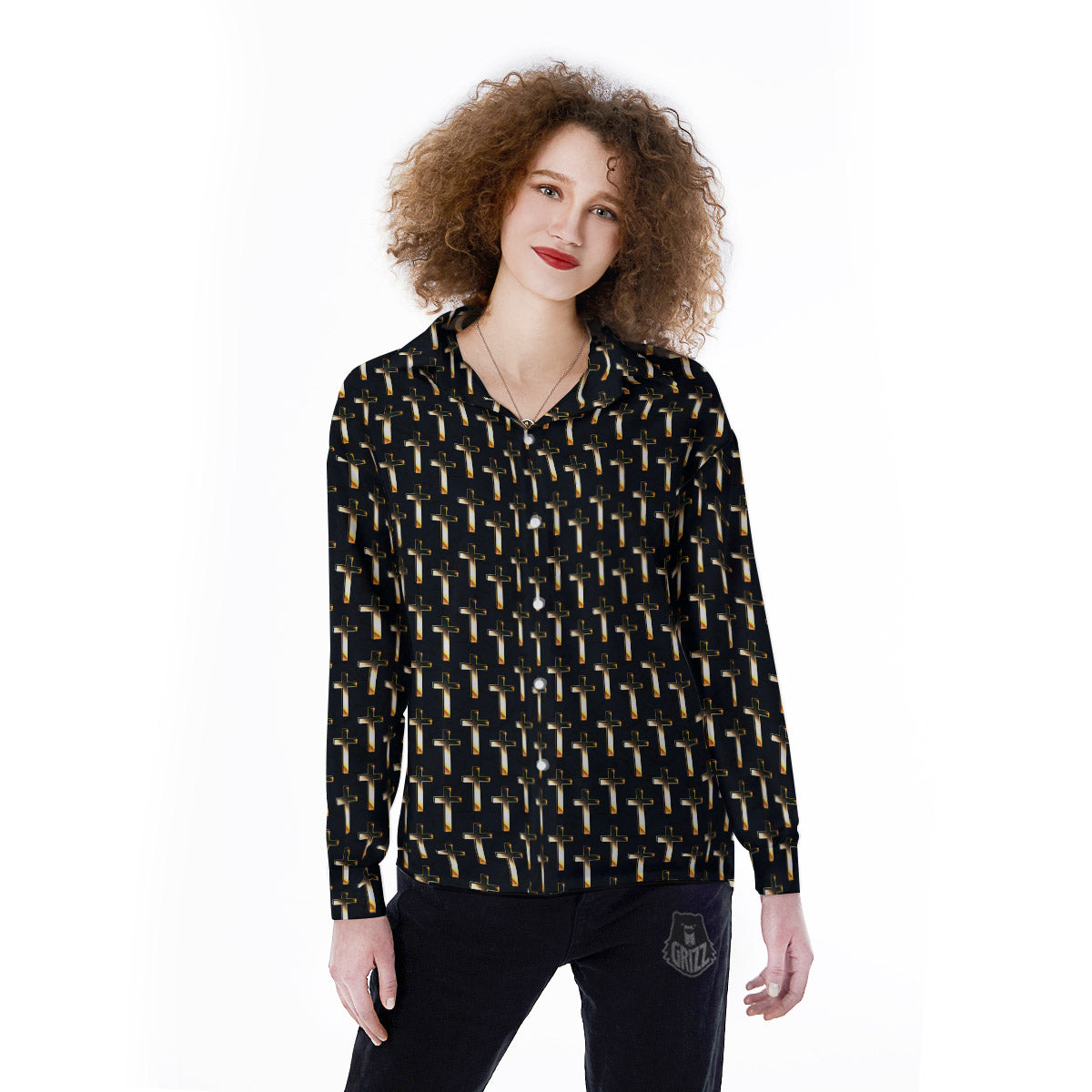 Christian Cross Print Pattern Women's Long Sleeve Shirts-grizzshop