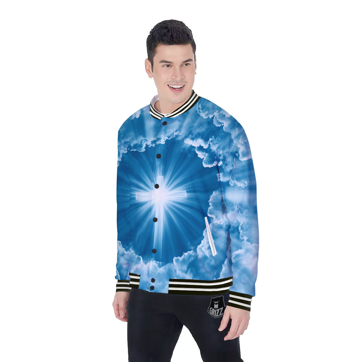 Christian Holy Cross Shiny Print Baseball Jacket-grizzshop