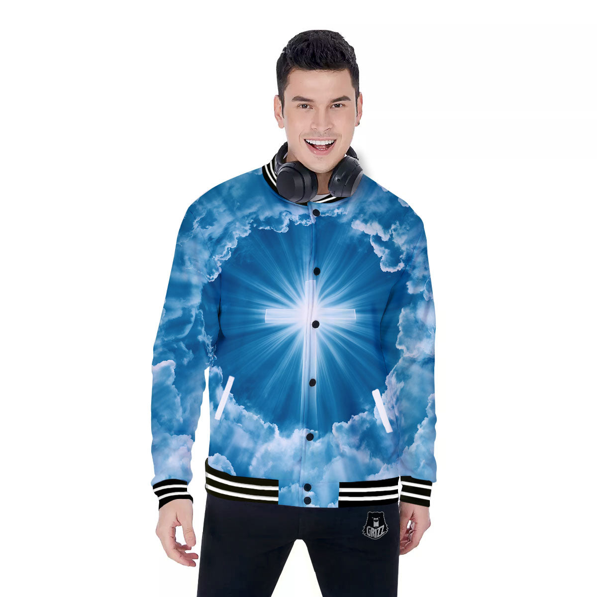 Christian Holy Cross Shiny Print Baseball Jacket-grizzshop