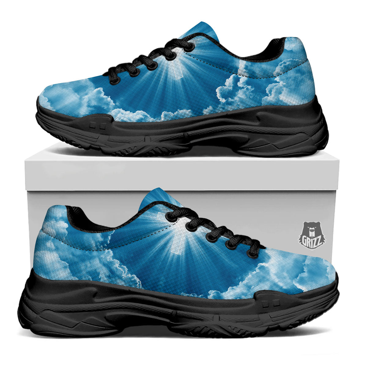 Christian Holy Cross Shiny Print Black Chunky Shoes-grizzshop