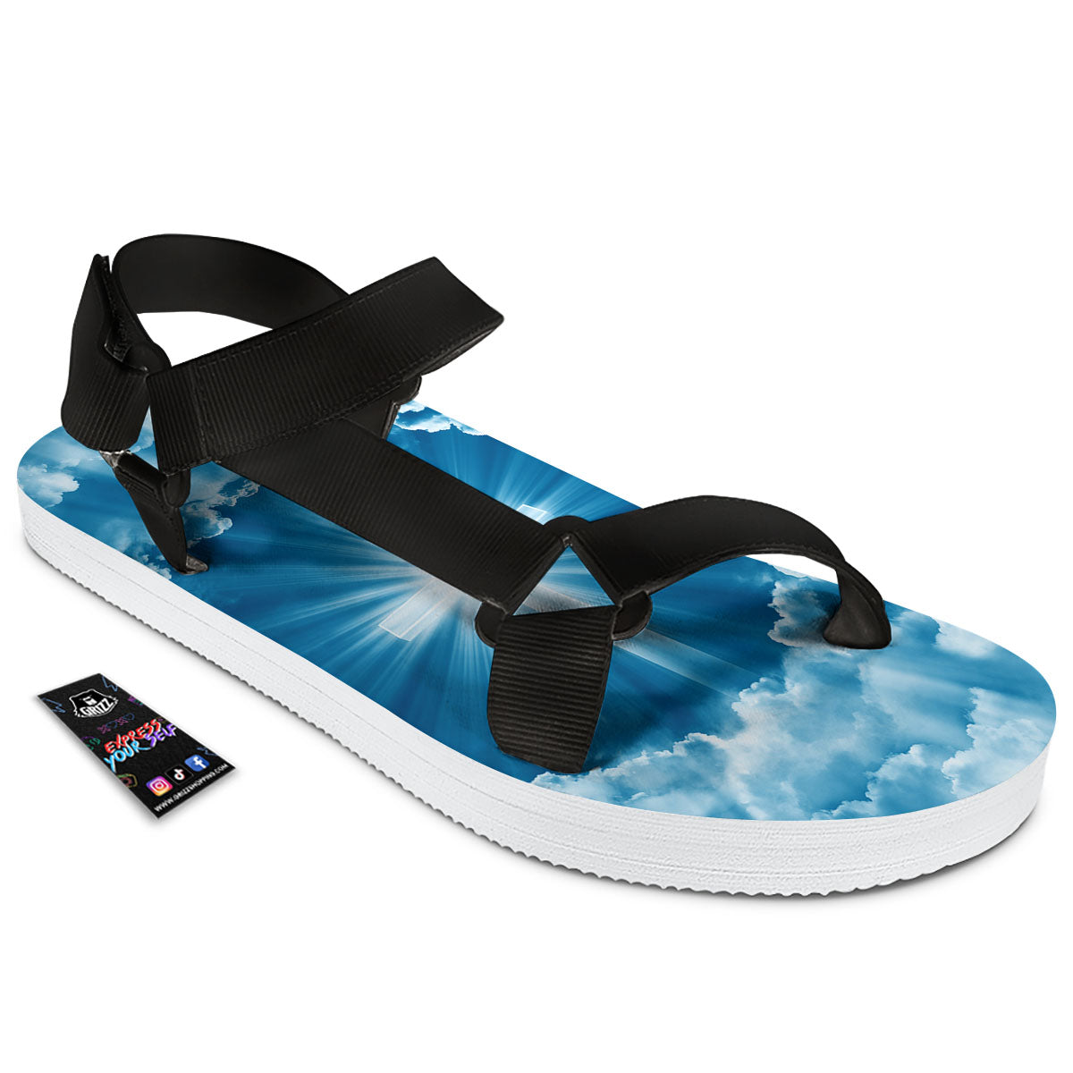 Christian Holy Cross Shiny Print Black Open Toe Sandals-grizzshop