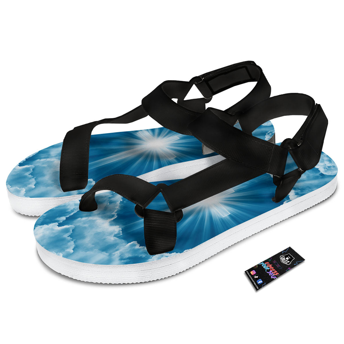 Christian Holy Cross Shiny Print Black Open Toe Sandals-grizzshop