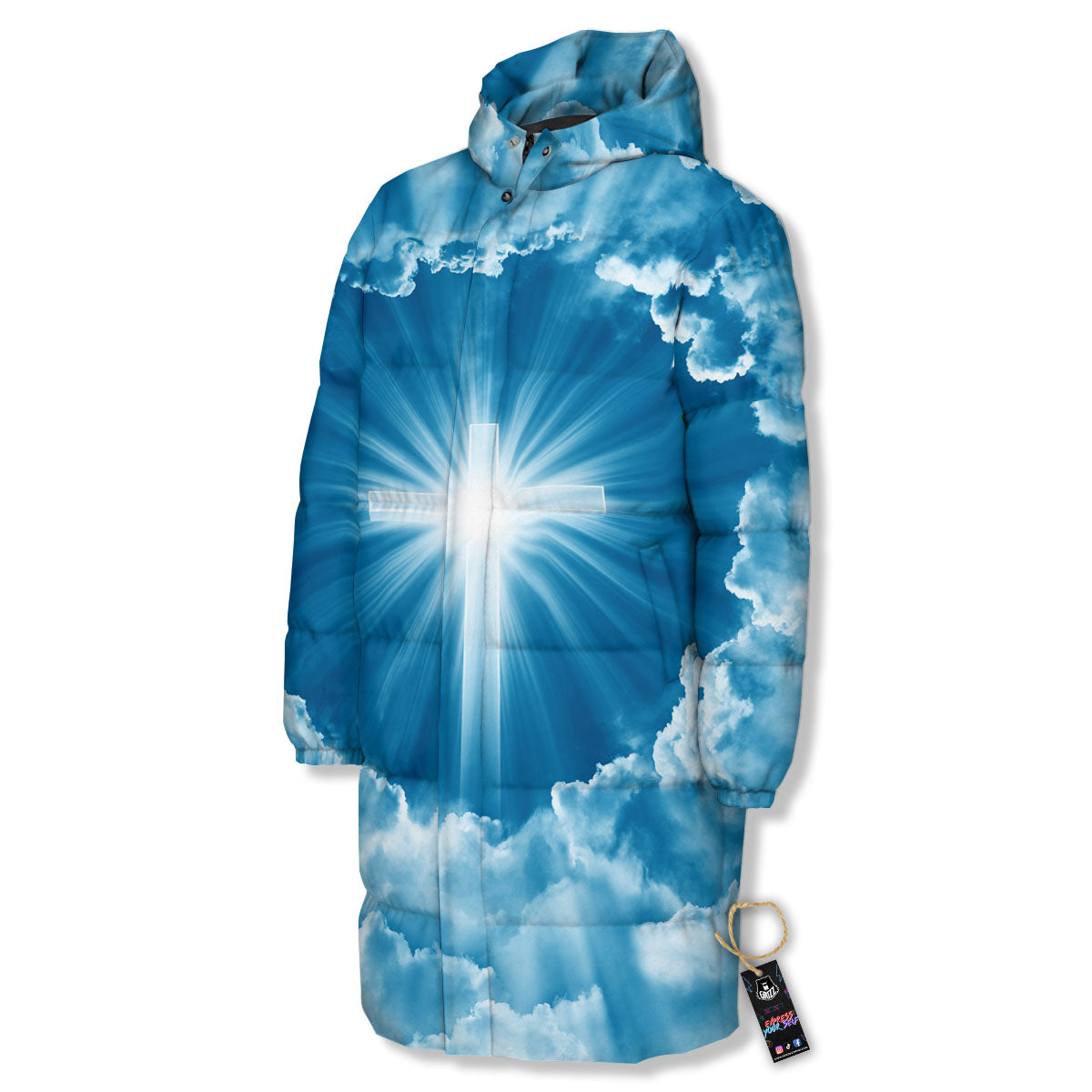 Christian Holy Cross Shiny Print Long Down Jacket-grizzshop