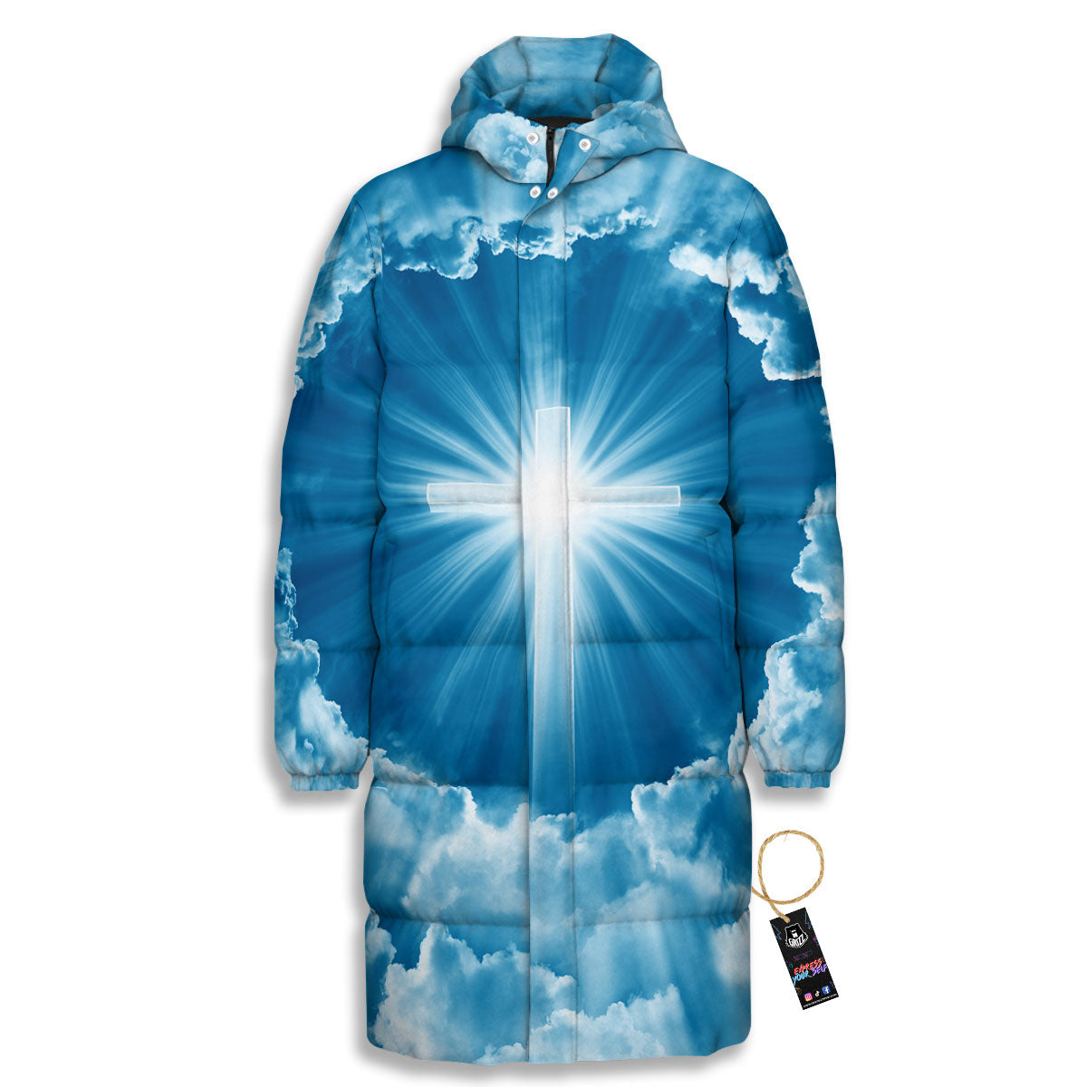 Christian Holy Cross Shiny Print Long Down Jacket-grizzshop