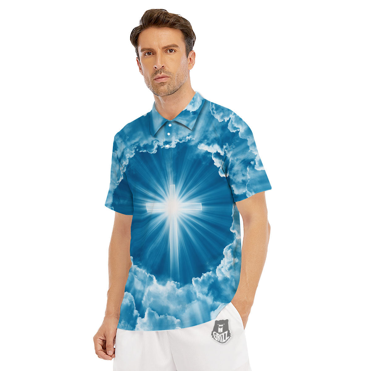 Christian Holy Cross Shiny Print Men's Golf Shirts-grizzshop