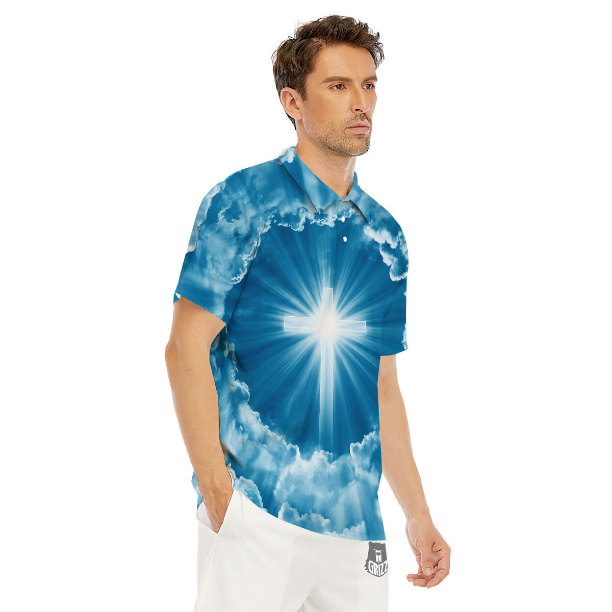 Christian Holy Cross Shiny Print Men's Golf Shirts-grizzshop