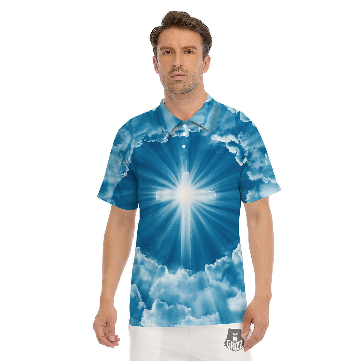 Christian Holy Cross Shiny Print Men's Golf Shirts-grizzshop