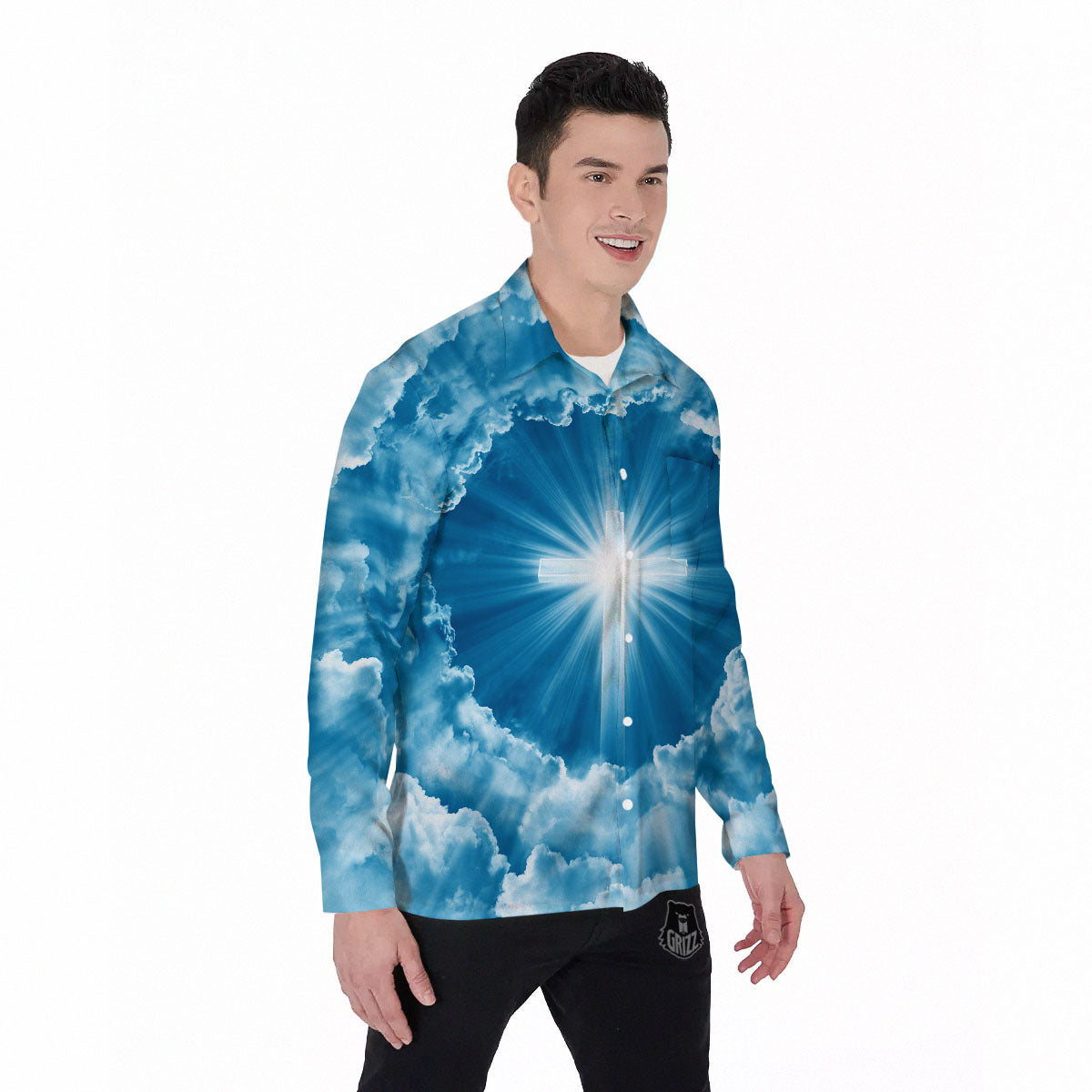 Christian Holy Cross Shiny Print Men's Long Sleeve Shirts-grizzshop
