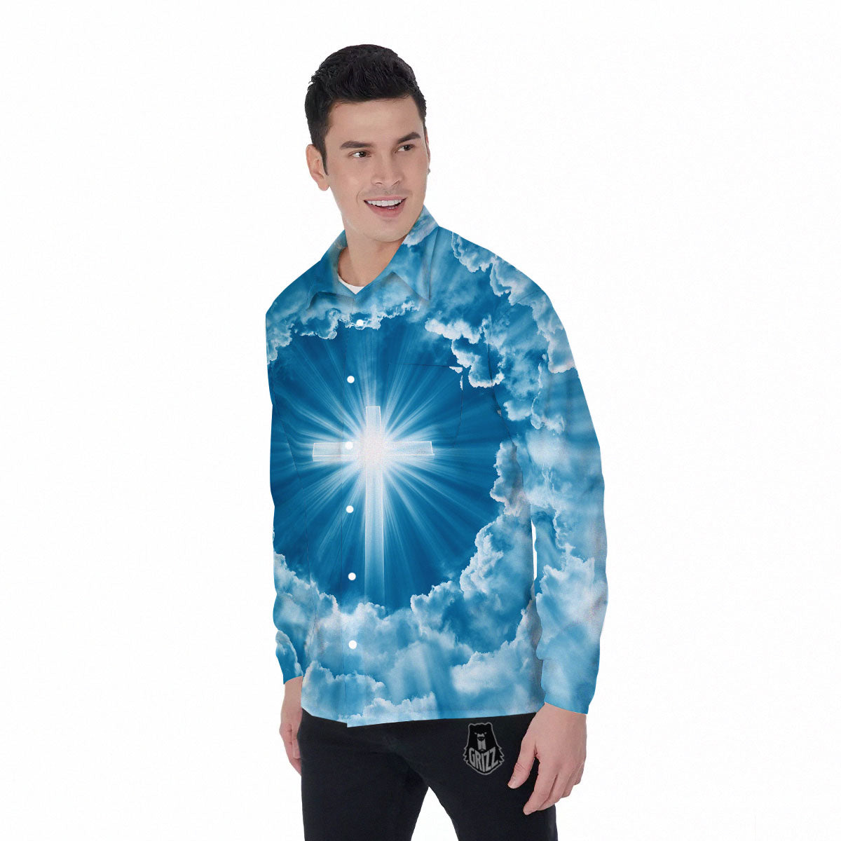 Christian Holy Cross Shiny Print Men's Long Sleeve Shirts-grizzshop