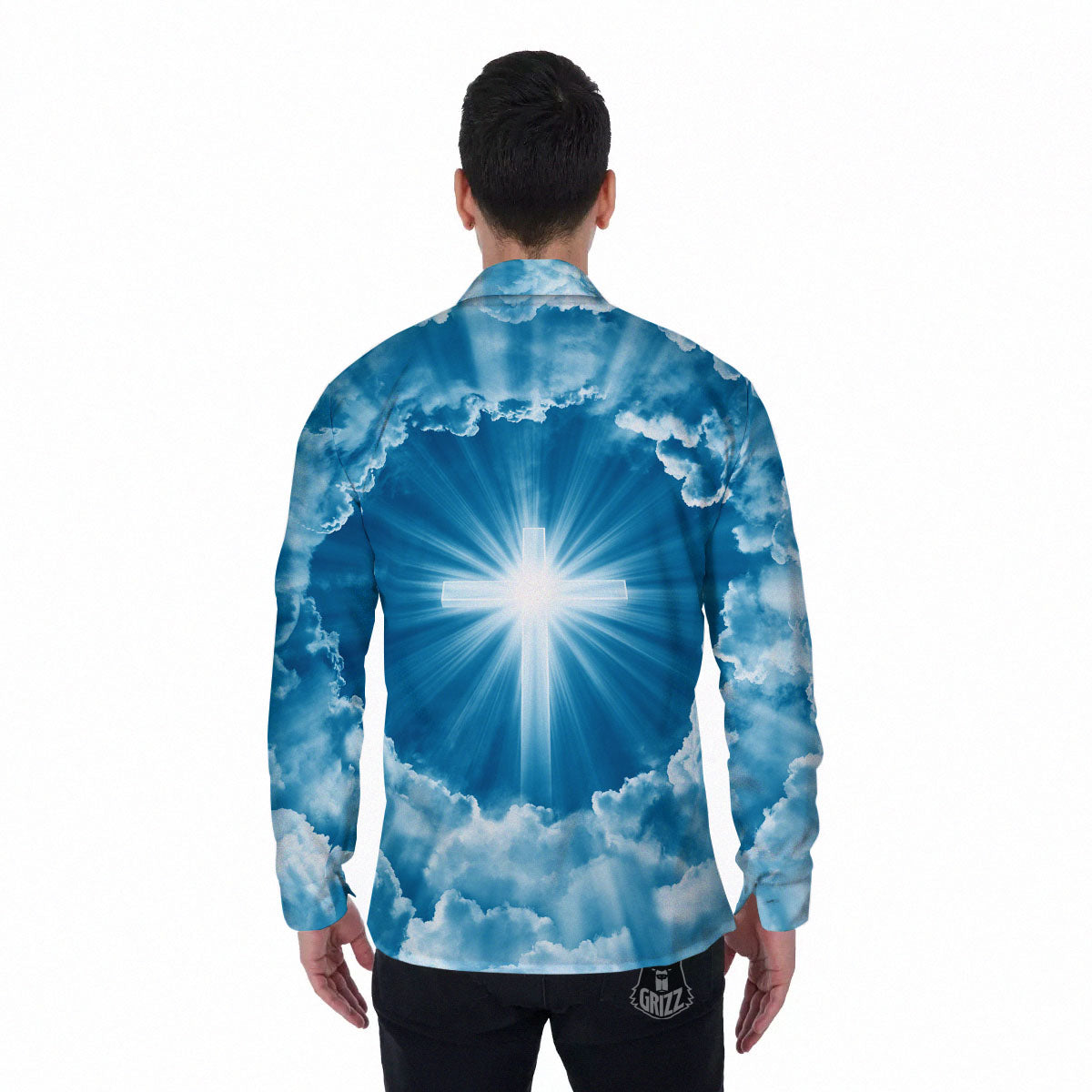 Christian Holy Cross Shiny Print Men's Long Sleeve Shirts-grizzshop