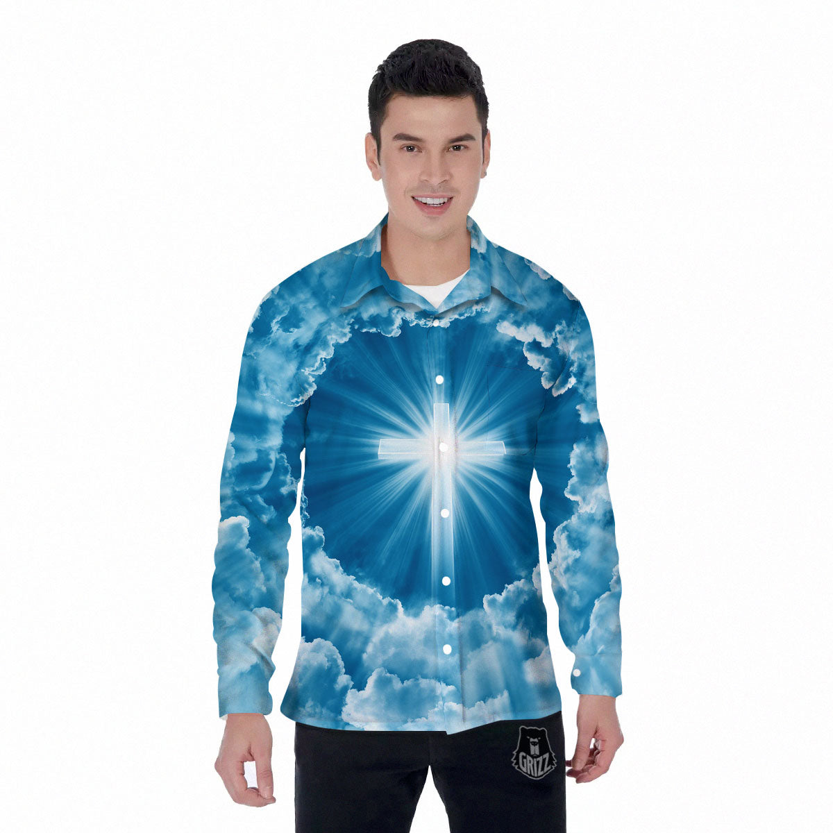 Christian Holy Cross Shiny Print Men's Long Sleeve Shirts-grizzshop