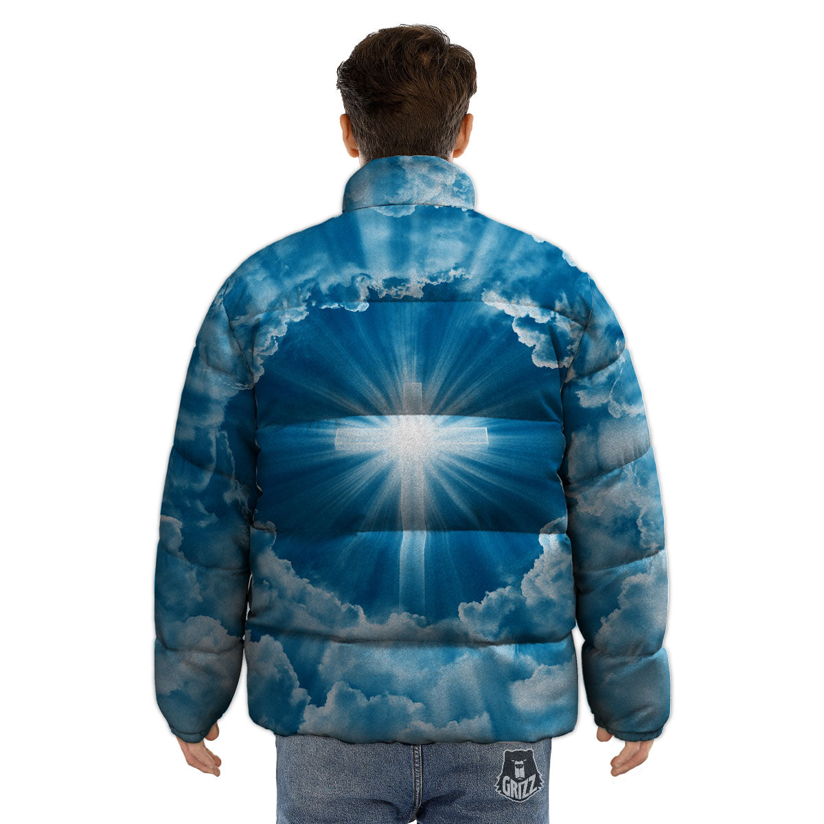 Christian Holy Cross Shiny Print Puffer Jacket-grizzshop