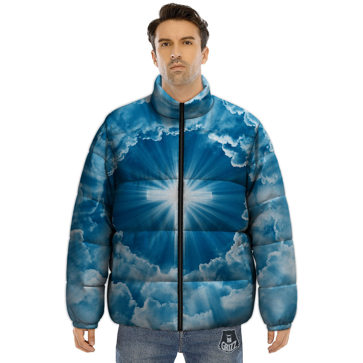 Christian Holy Cross Shiny Print Puffer Jacket-grizzshop