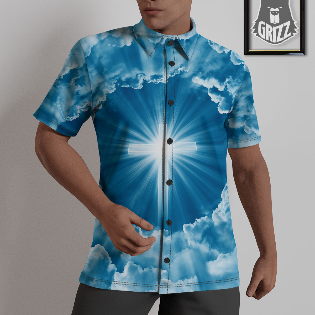 Christian Holy Cross Shiny Print Untucked Shirts-grizzshop