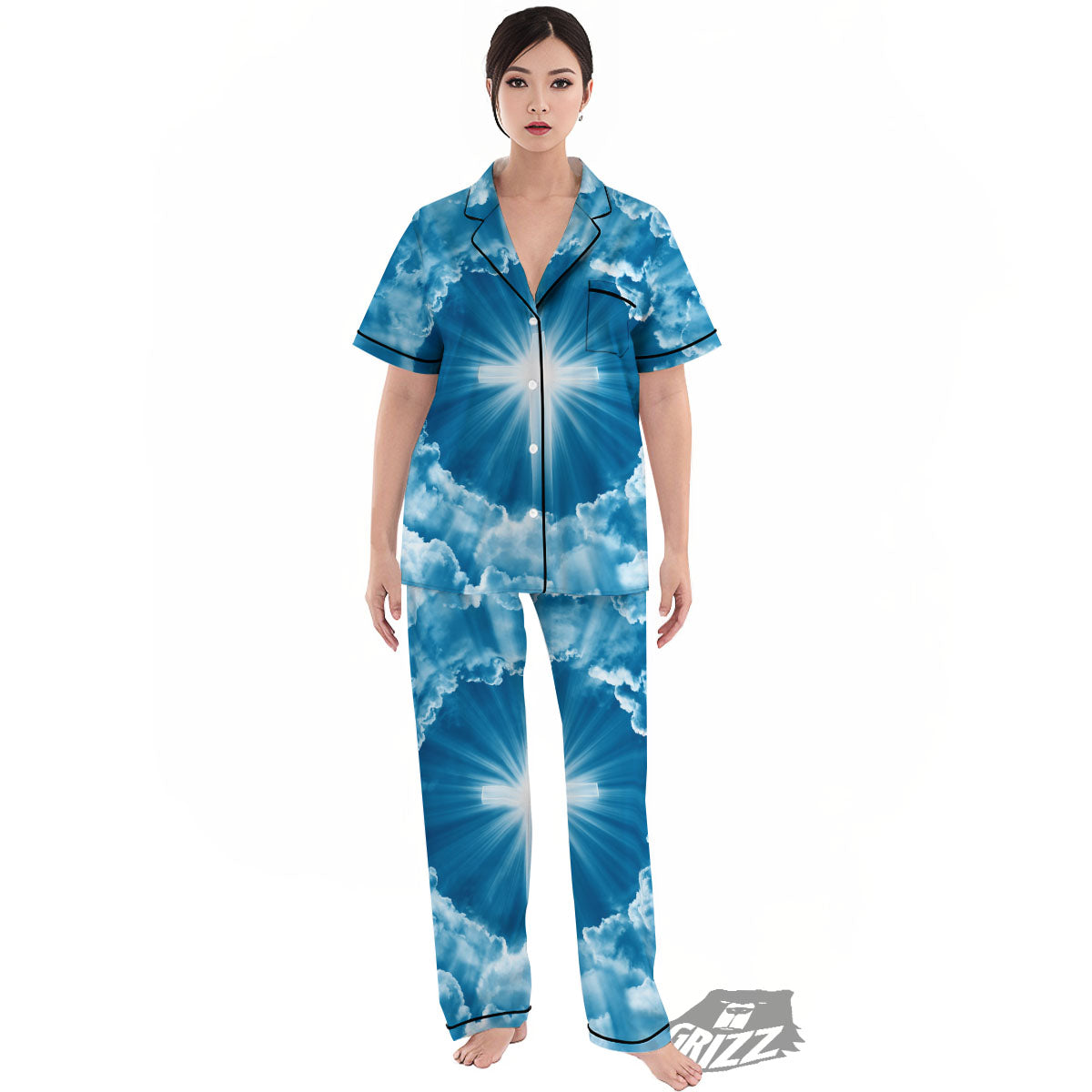 Christian Holy Cross Shiny Print Women's Pajamas Set-grizzshop