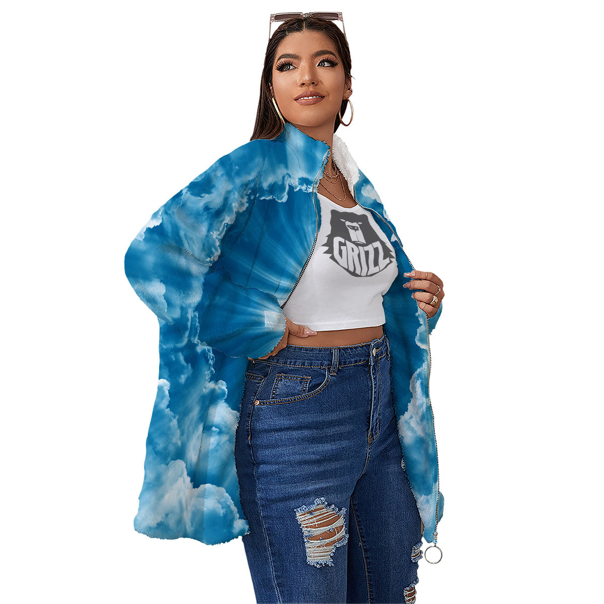 Christian Holy Cross Shiny Print Women's Sherpa Jacket-grizzshop