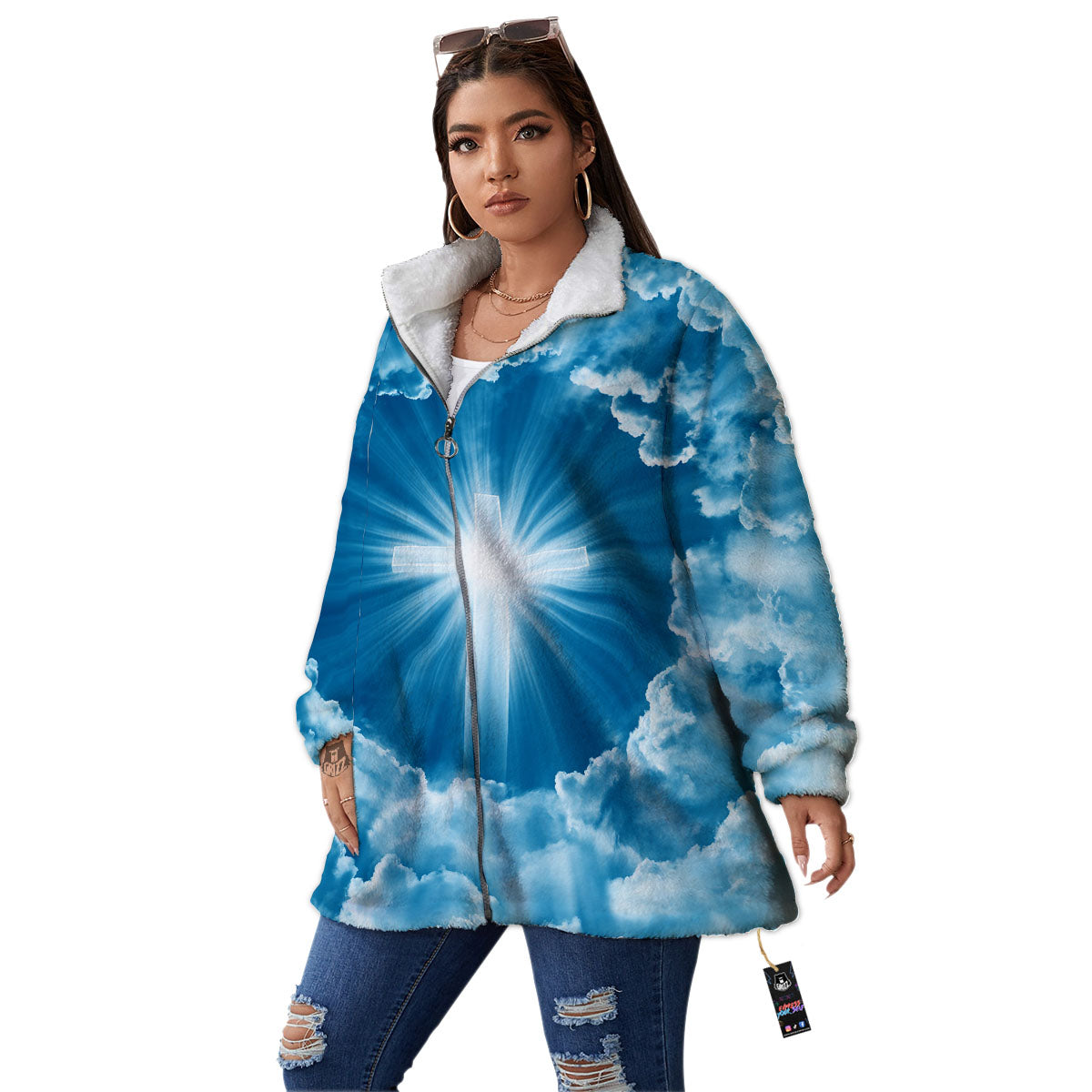 Christian Holy Cross Shiny Print Women's Sherpa Jacket-grizzshop