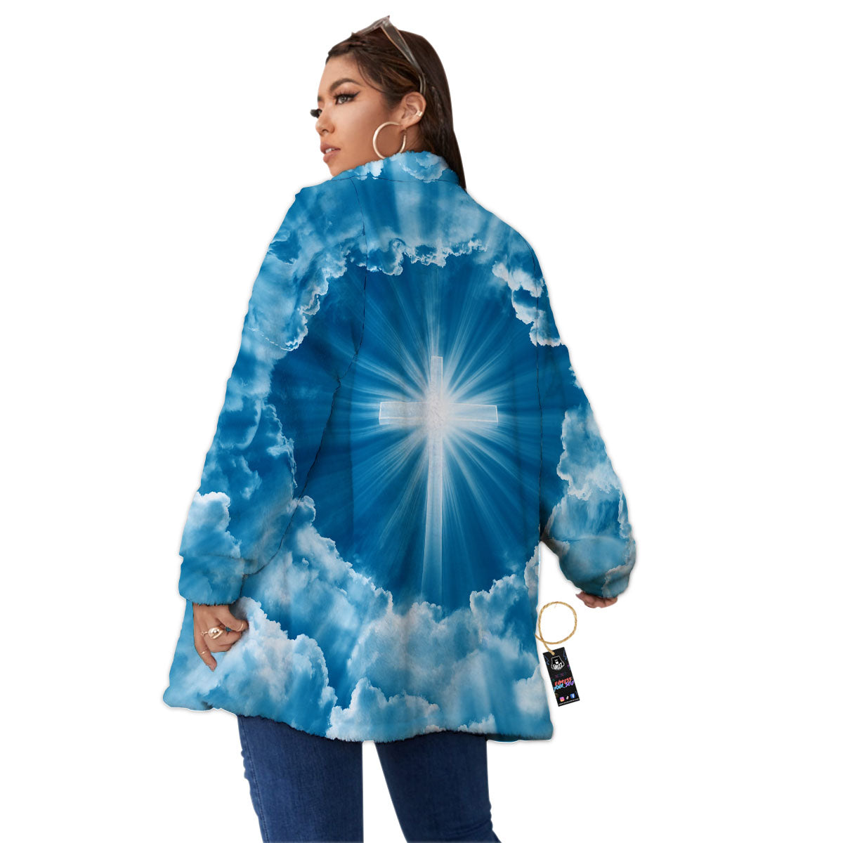 Christian Holy Cross Shiny Print Women's Sherpa Jacket-grizzshop
