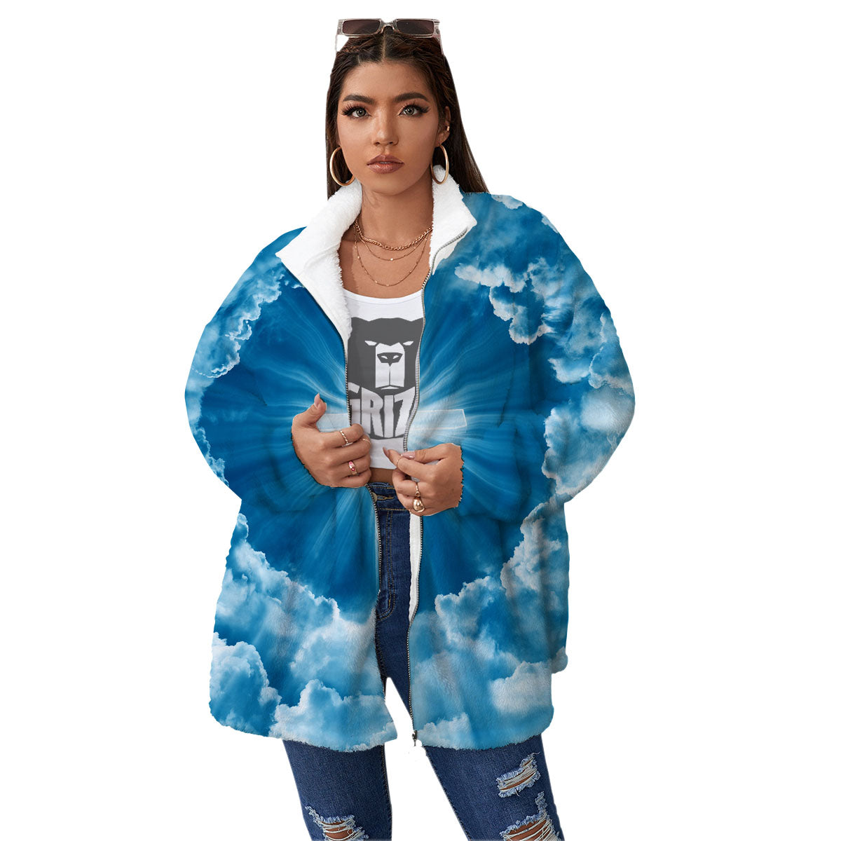 Christian Holy Cross Shiny Print Women's Sherpa Jacket-grizzshop