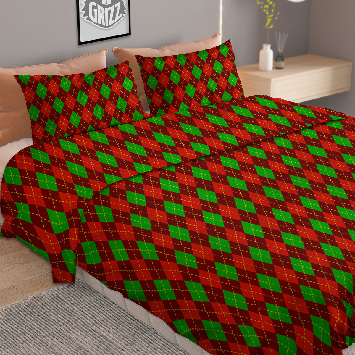Christmas Argyle Red And Green Print Duvet Cover Bedding Set