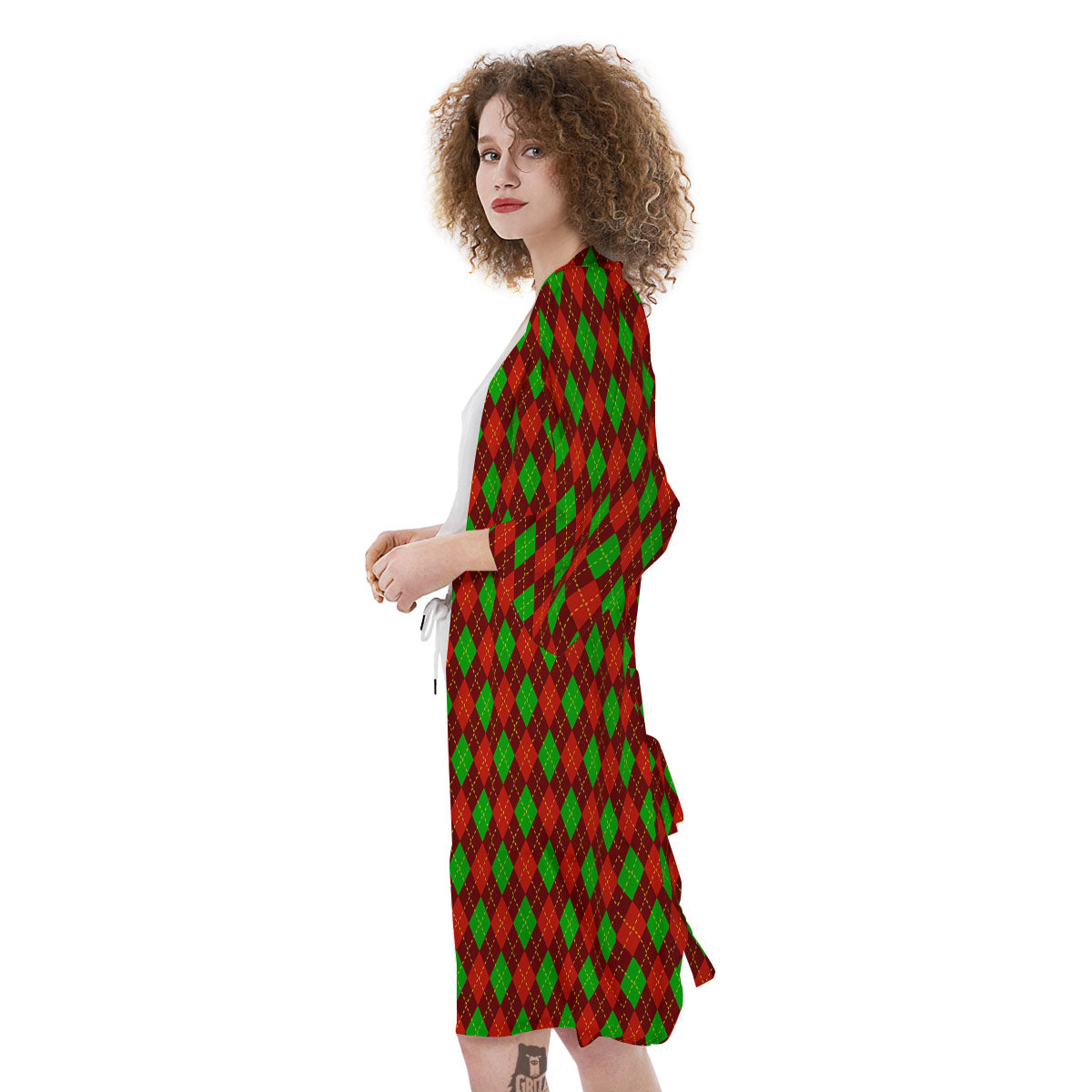Christmas Argyle Red And Green Print Kimono-grizzshop