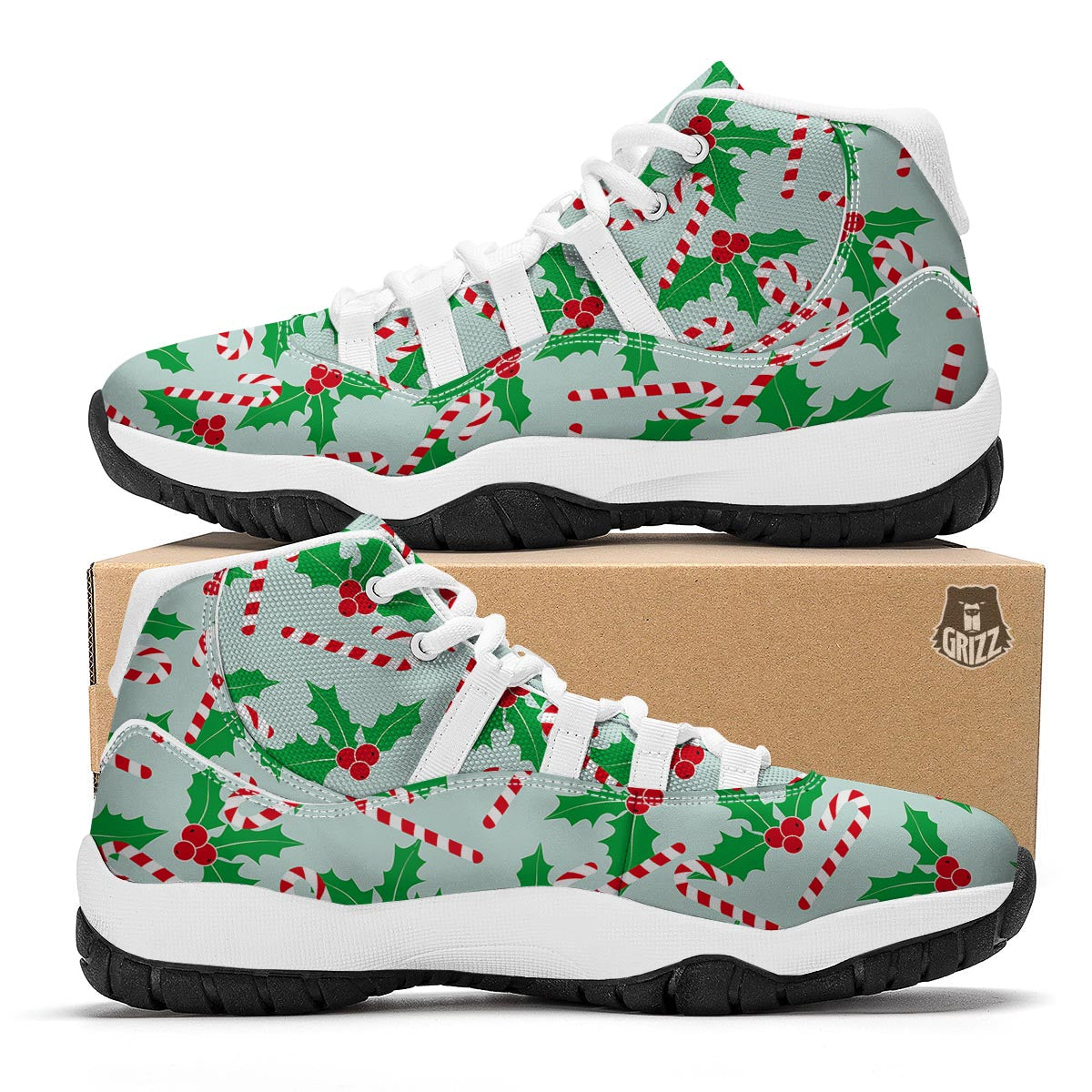 Christmas Cady Cane Pattern Print White Bball Shoes-grizzshop