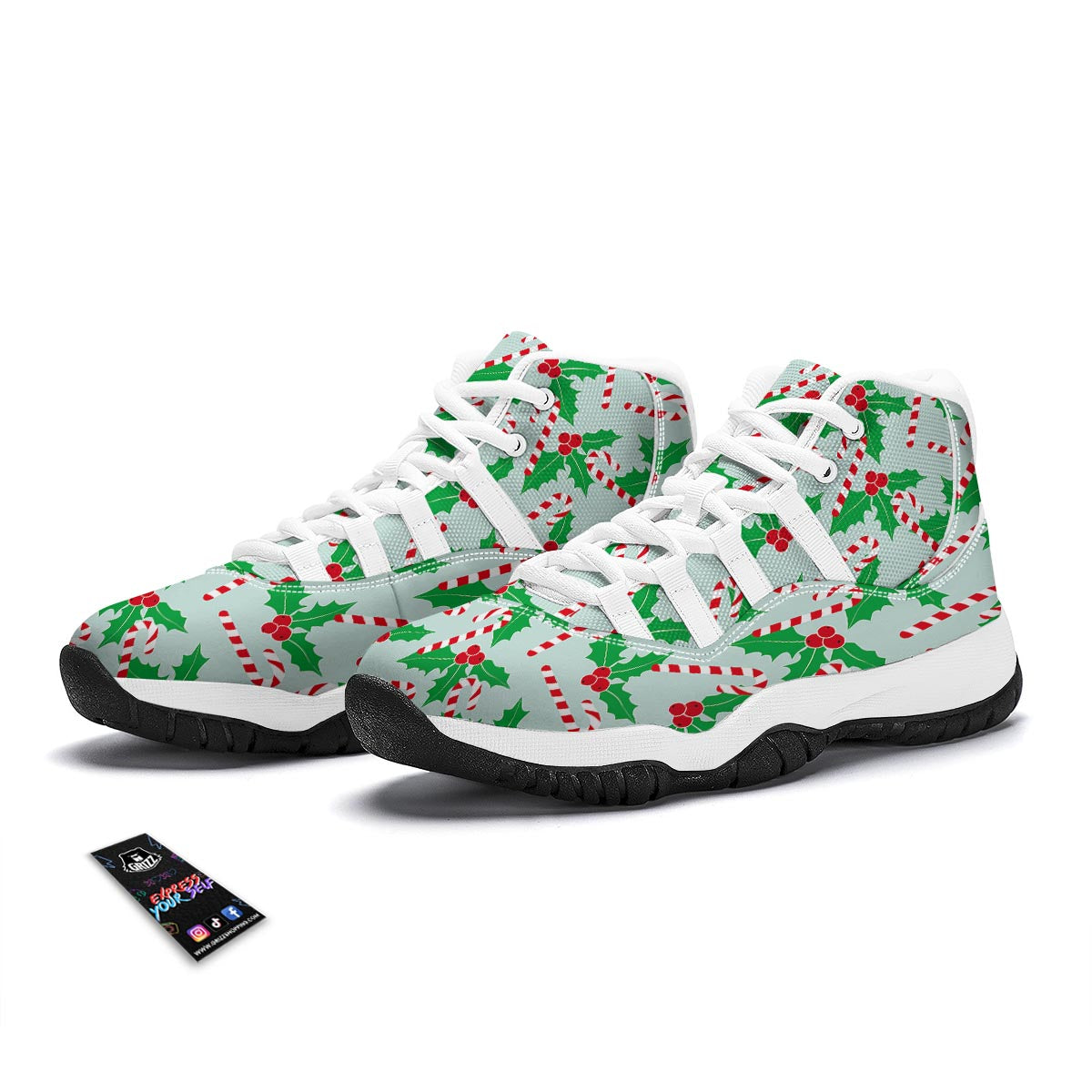 Christmas Cady Cane Pattern Print White Bball Shoes-grizzshop