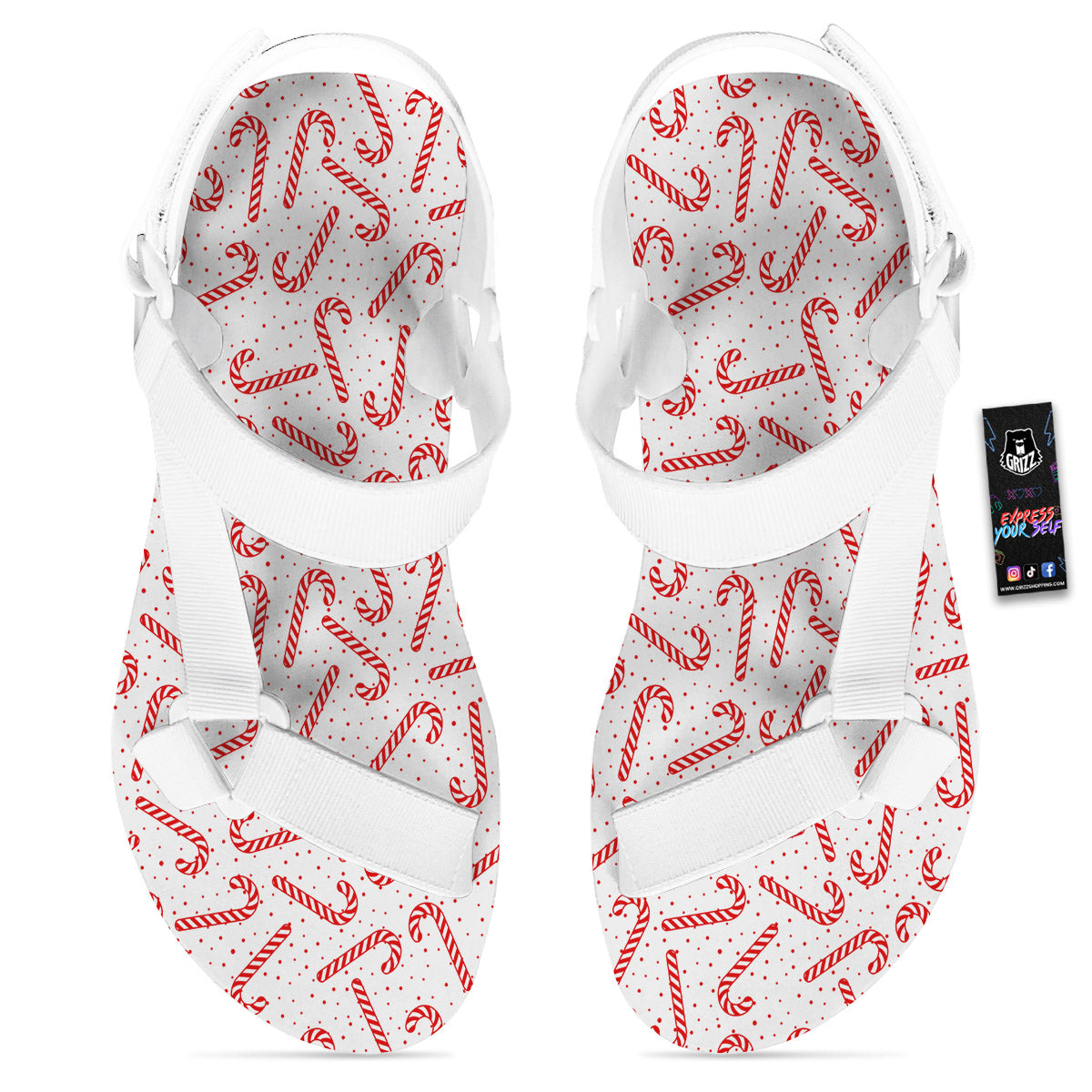 Christmas Candy Print Pattern White Open Toe Sandals-grizzshop