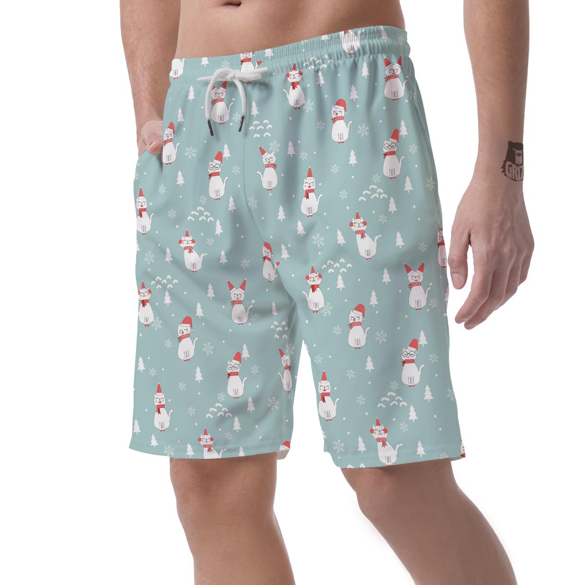 Christmas Cat Print Men's Shorts-grizzshop