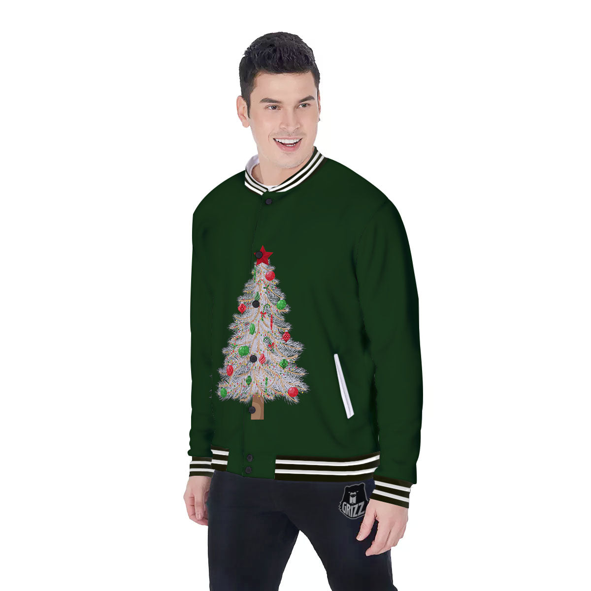 Christmas Decorated Tree Print Baseball Jacket-grizzshop