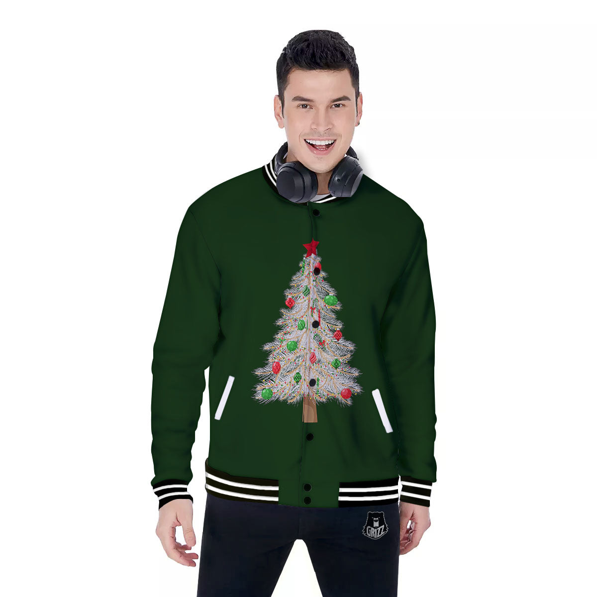 Christmas Decorated Tree Print Baseball Jacket-grizzshop