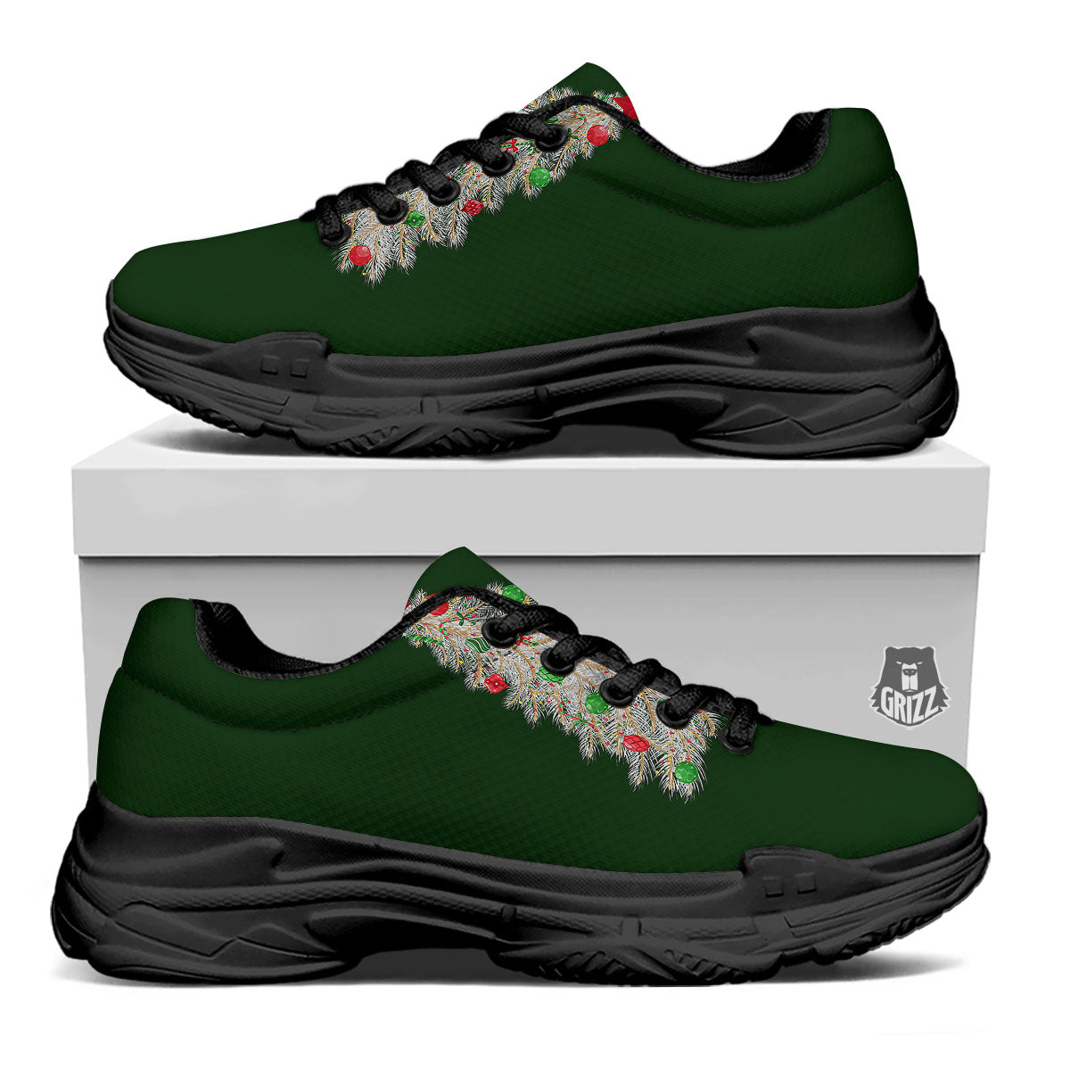 Christmas Decorated Tree Print Black Chunky Shoes-grizzshop