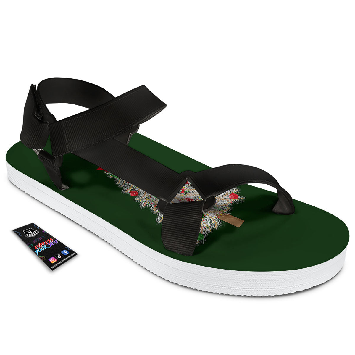 Christmas Decorated Tree Print Black Open Toe Sandals-grizzshop