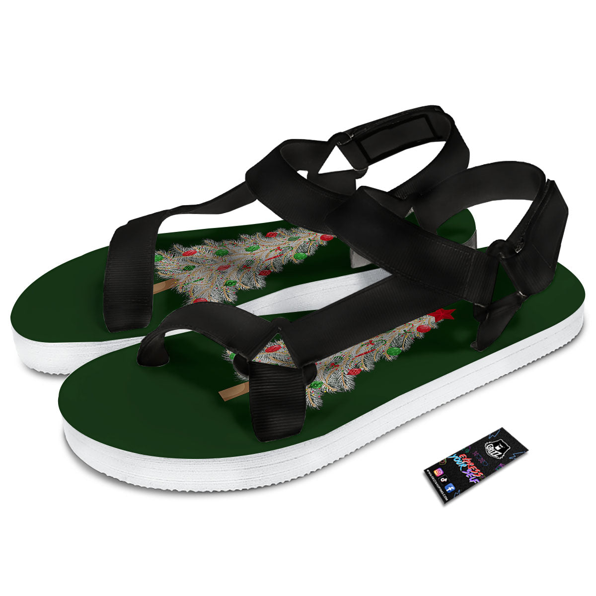 Christmas Decorated Tree Print Black Open Toe Sandals-grizzshop