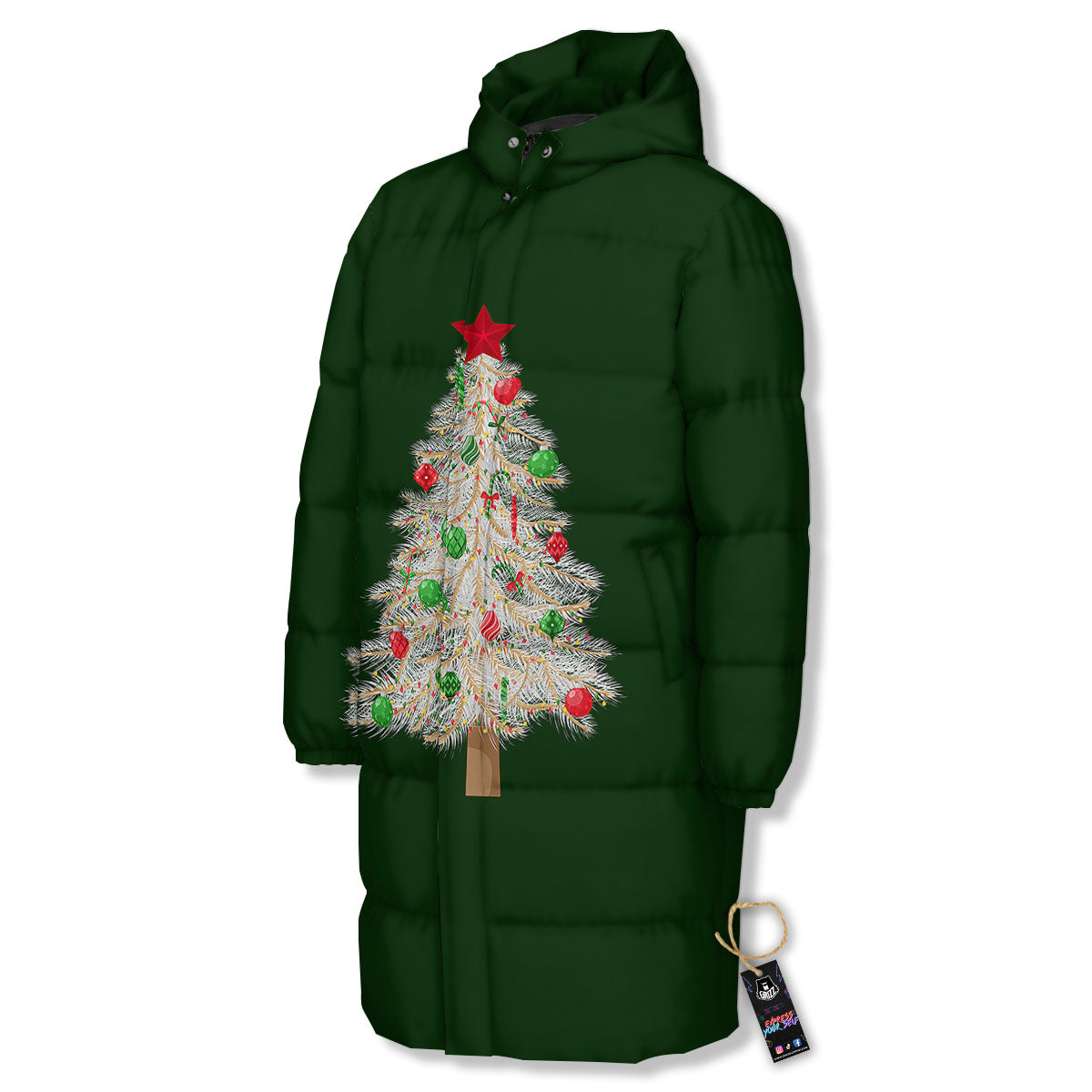 Christmas Decorated Tree Print Long Down Jacket-grizzshop