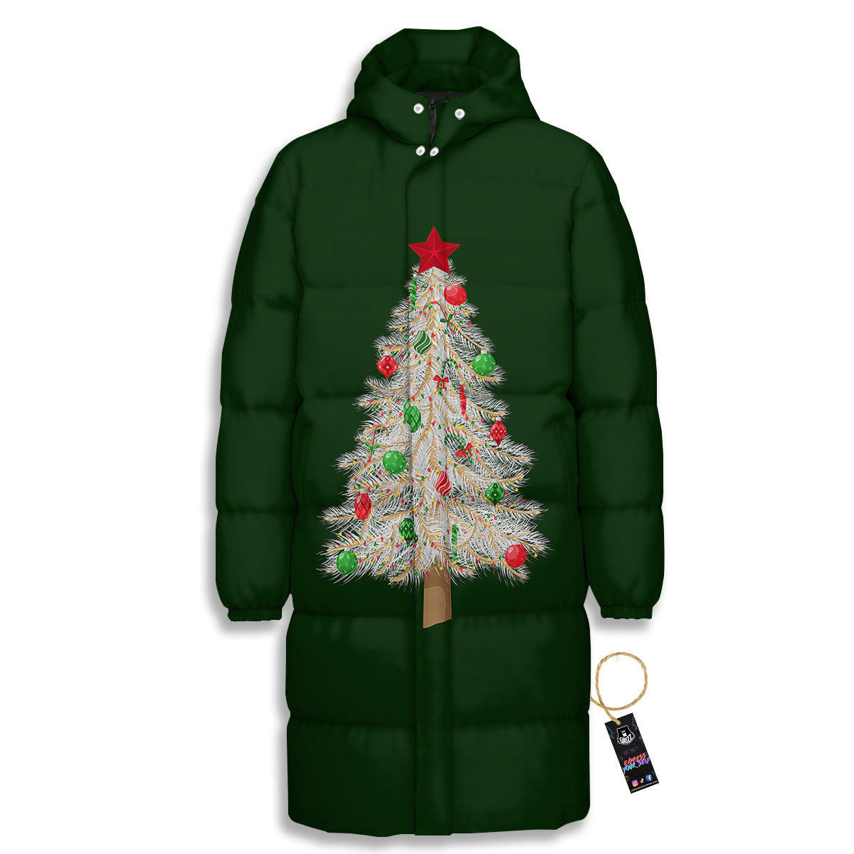 Christmas Decorated Tree Print Long Down Jacket-grizzshop