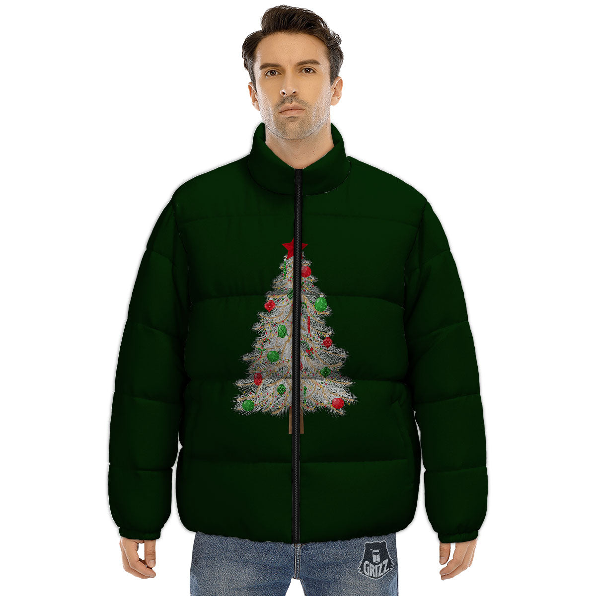 Christmas Decorated Tree Print Puffer Jacket-grizzshop