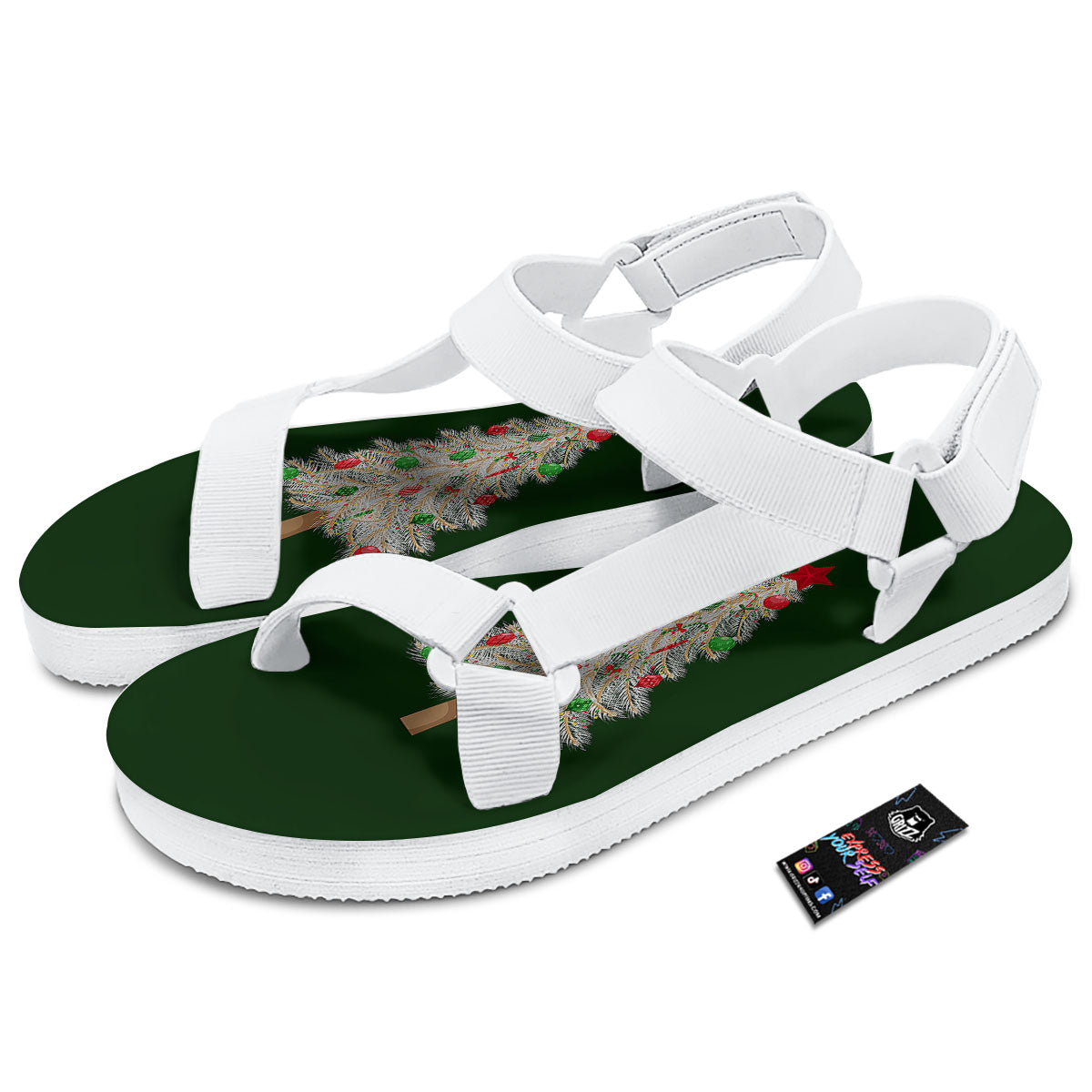 Christmas Decorated Tree Print White Open Toe Sandals-grizzshop