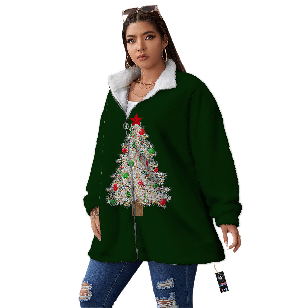 Christmas Decorated Tree Print Women's Sherpa Jacket-grizzshop