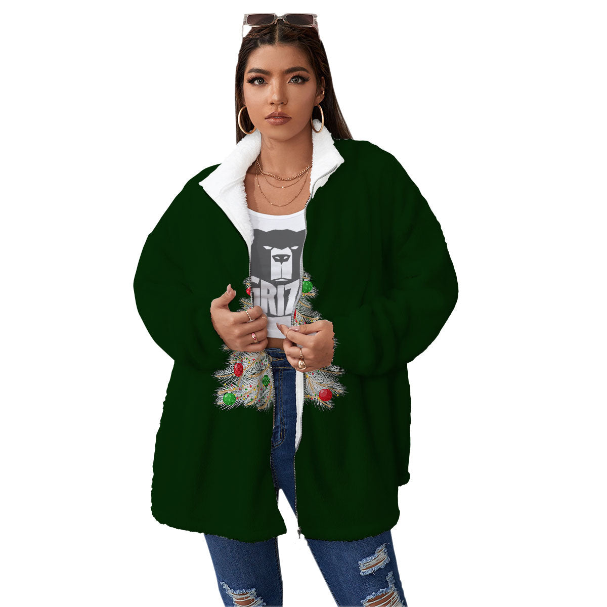 Christmas Decorated Tree Print Women's Sherpa Jacket-grizzshop