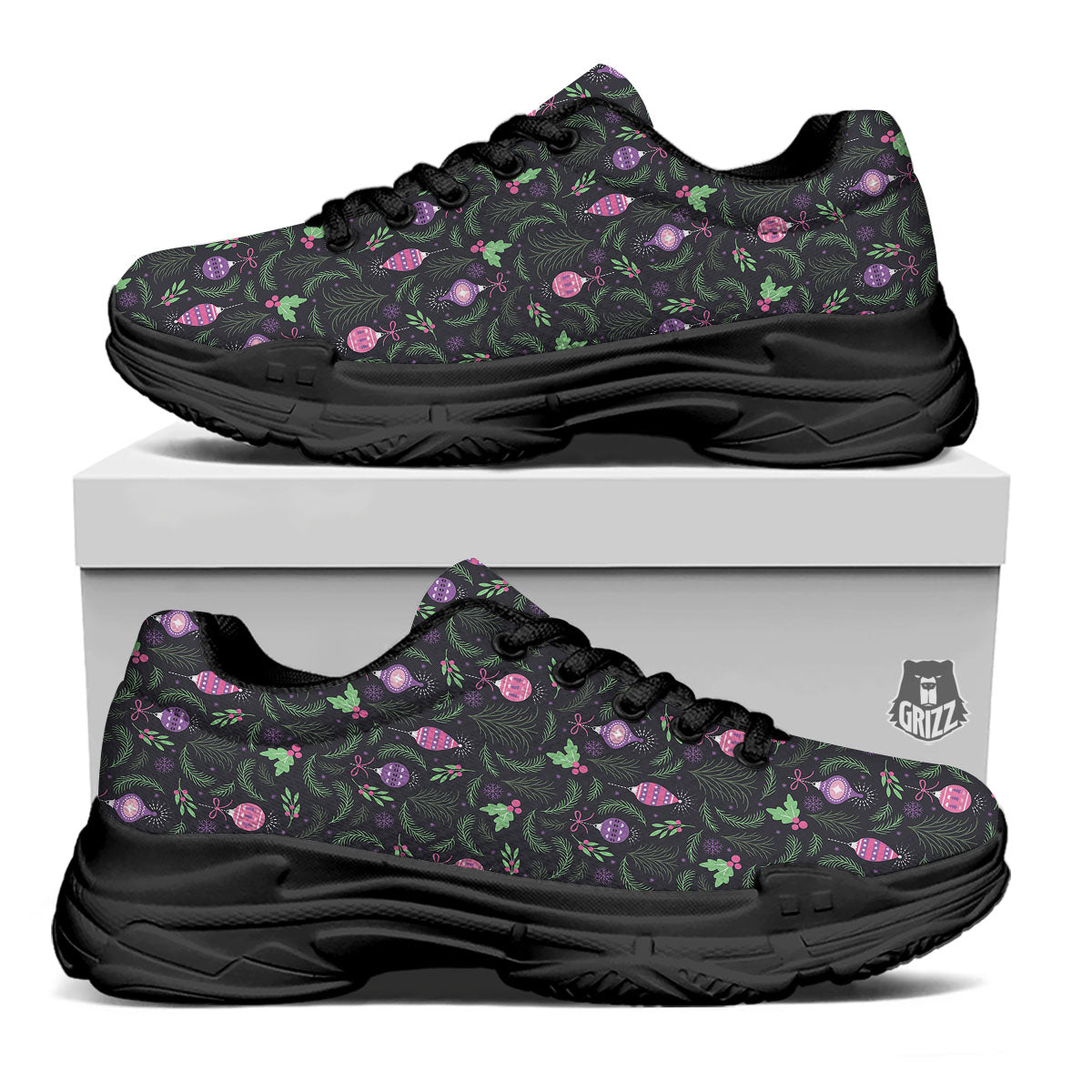 Christmas Decoration Print Pattern Black Chunky Shoes-grizzshop
