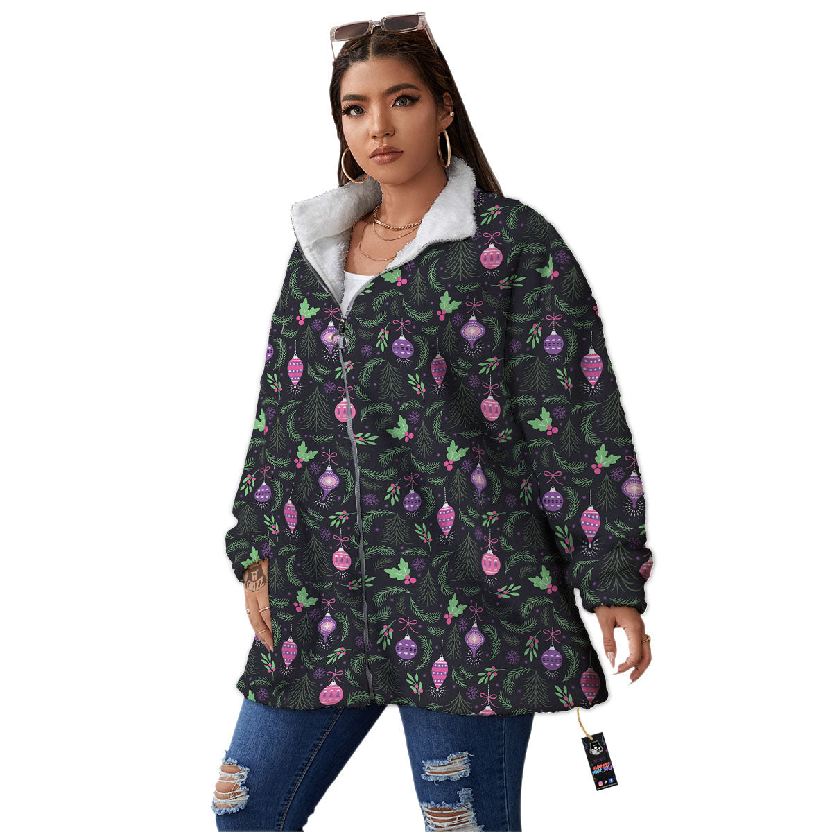 Christmas Decoration Print Pattern Women's Sherpa Jacket-grizzshop